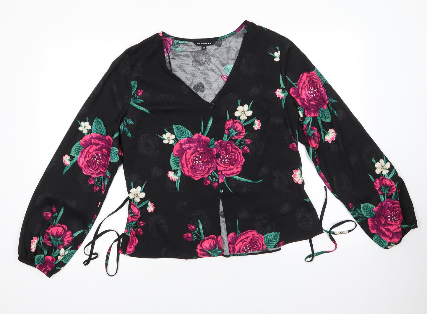 Peacocks Womens Black Floral Polyester Basic Blouse Size 12 V-Neck