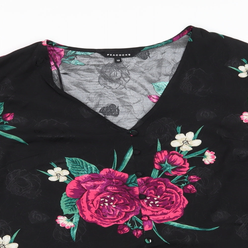 Peacocks Womens Black Floral Polyester Basic Blouse Size 12 V-Neck