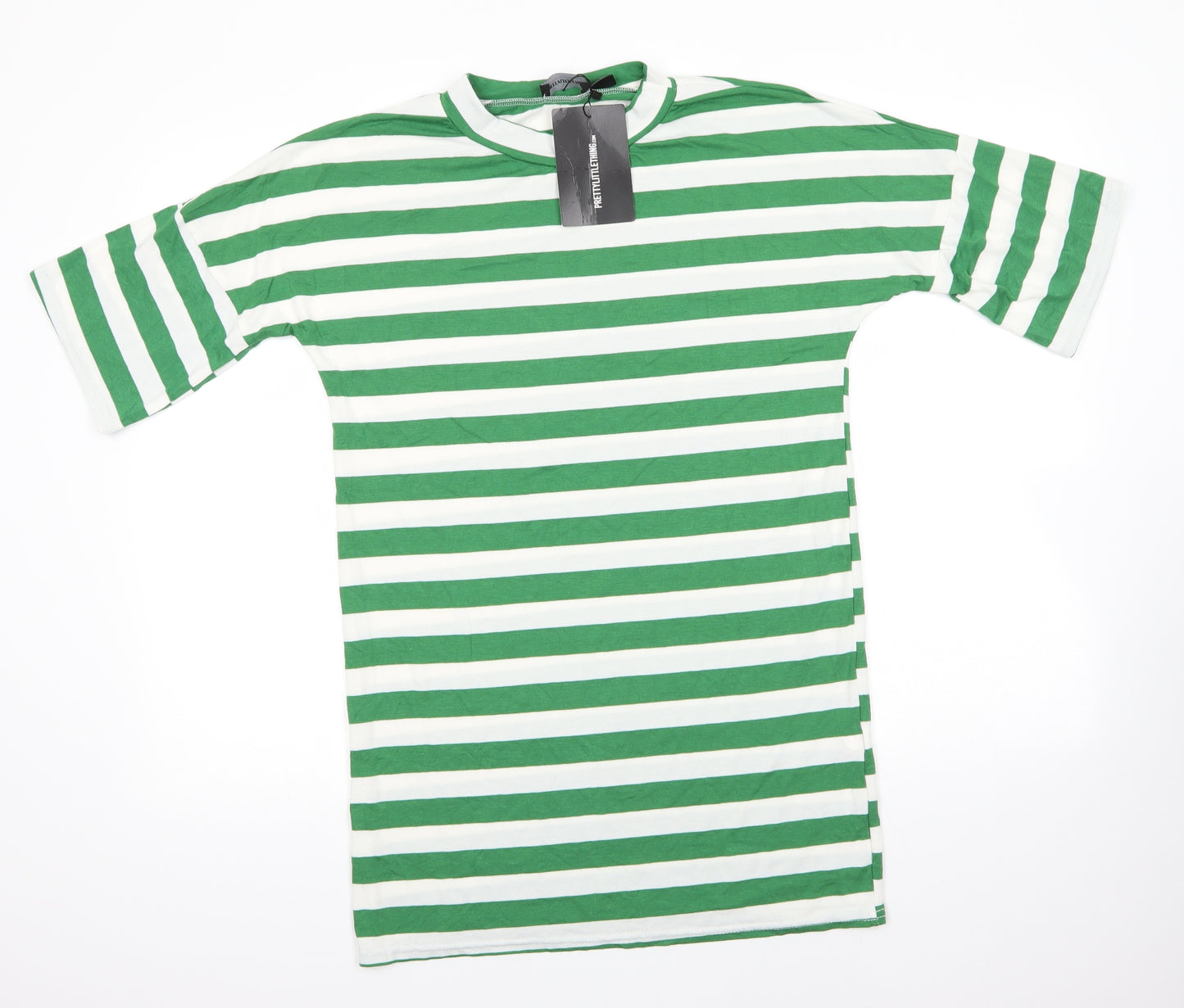 PRETTYLITTLETHING Womens Green Striped Viscose Basic T-Shirt Size 6 Round Neck