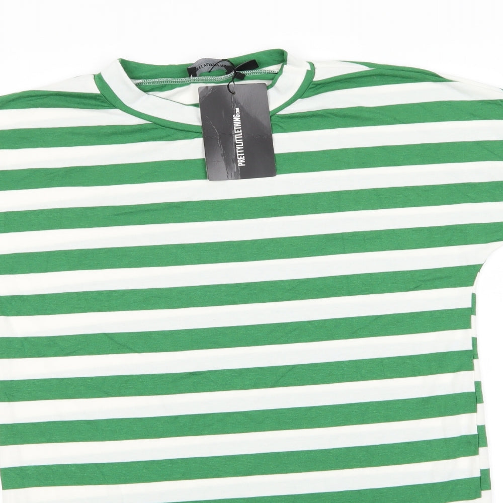 PRETTYLITTLETHING Womens Green Striped Viscose Basic T-Shirt Size 6 Round Neck