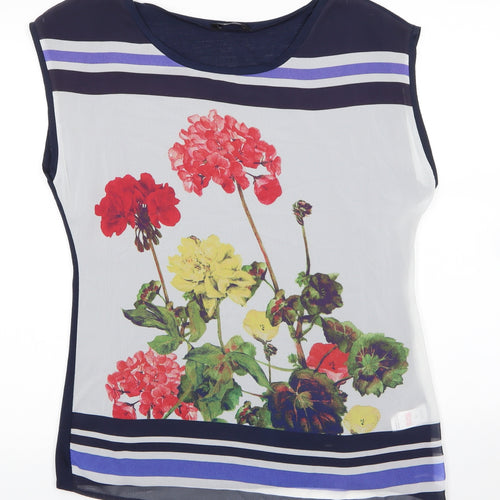 F&F Womens Blue Floral Polyester Basic Blouse Size 10 Round Neck