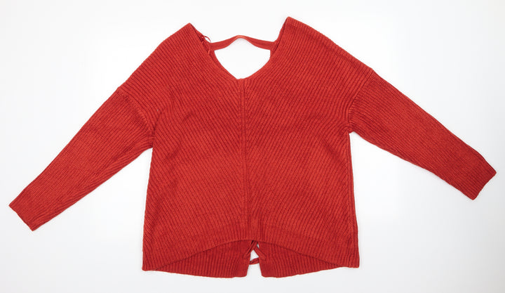 New Look Womens Orange V-Neck Acrylic Pullover Jumper Size M