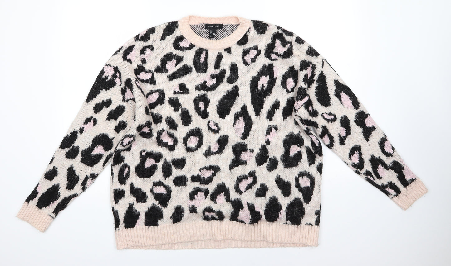 New Look Womens Pink Round Neck Animal Print Acrylic Pullover Jumper Size S