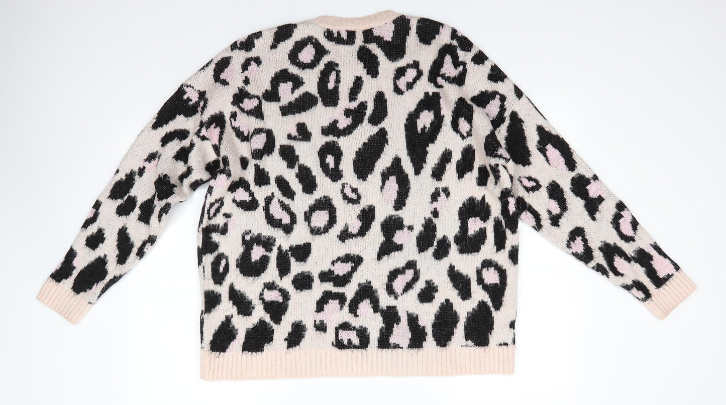 New Look Womens Pink Round Neck Animal Print Acrylic Pullover Jumper Size S