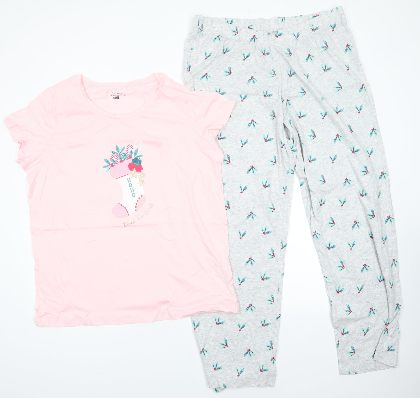 F&F Womens Multicoloured Solid Cotton Top Pyjama Set Size 16   - Christmas