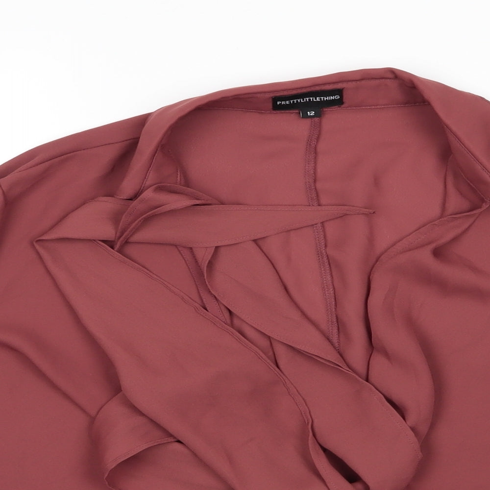 PRETTYLITTLETHING Womens Brown  Polyester Basic Blouse Size 12 Collared