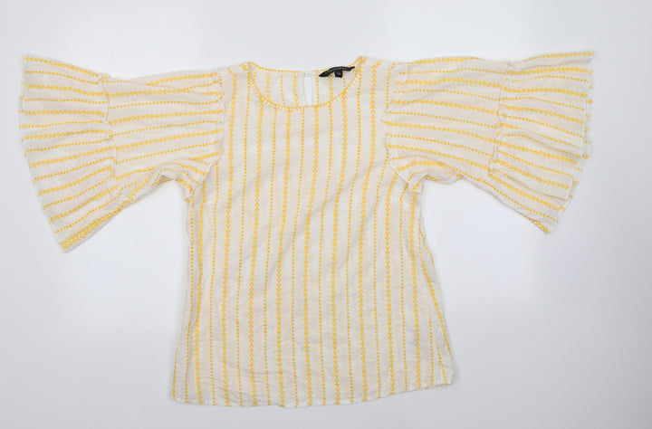 Dorothy Perkins Womens Yellow Striped 100% Cotton Basic Blouse Size 10 Round Neck