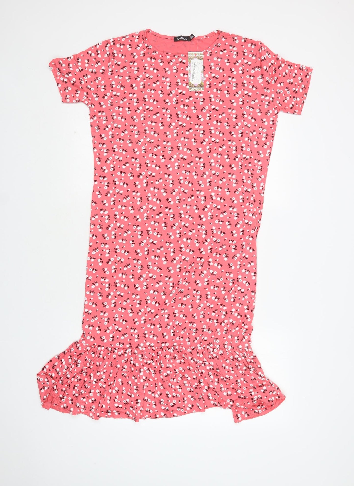 Boohoo Womens Pink Floral Viscose A-Line  Size 16  Crew Neck