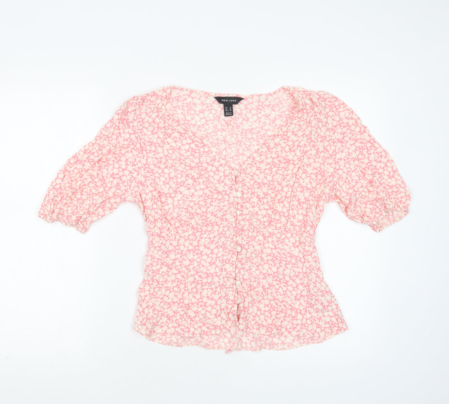 New Look Womens Pink Floral Viscose Basic Blouse Size 14 V-Neck