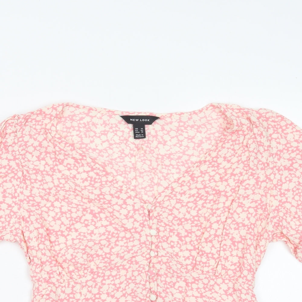 New Look Womens Pink Floral Viscose Basic Blouse Size 14 V-Neck