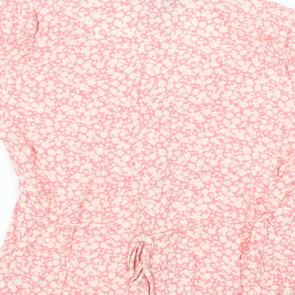 New Look Womens Pink Floral Viscose Basic Blouse Size 14 V-Neck