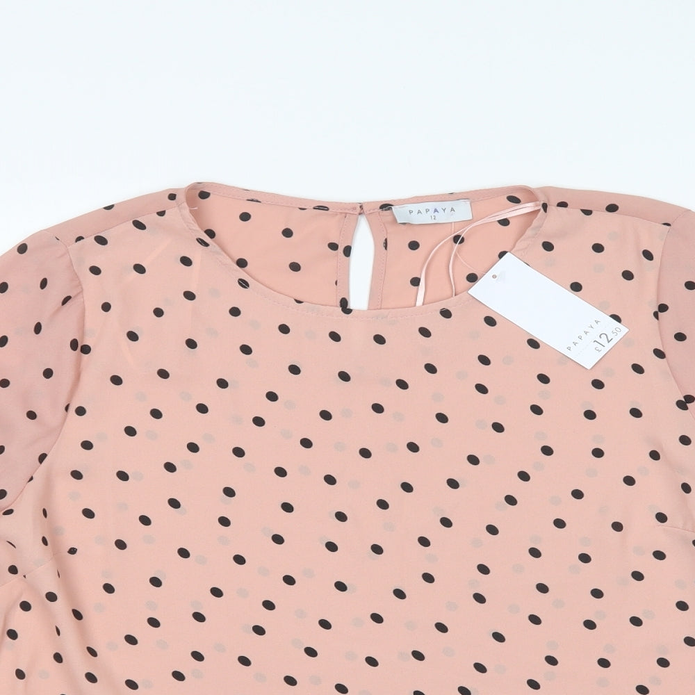 Papaya Womens Pink Polka Dot Polyester Basic Blouse Size 12 Round Neck