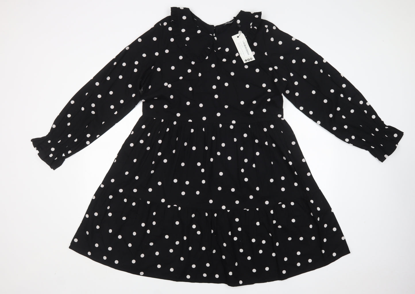 Boohoo Womens Black Polka Dot Cotton Fit & Flare  Size 14  Collared Button