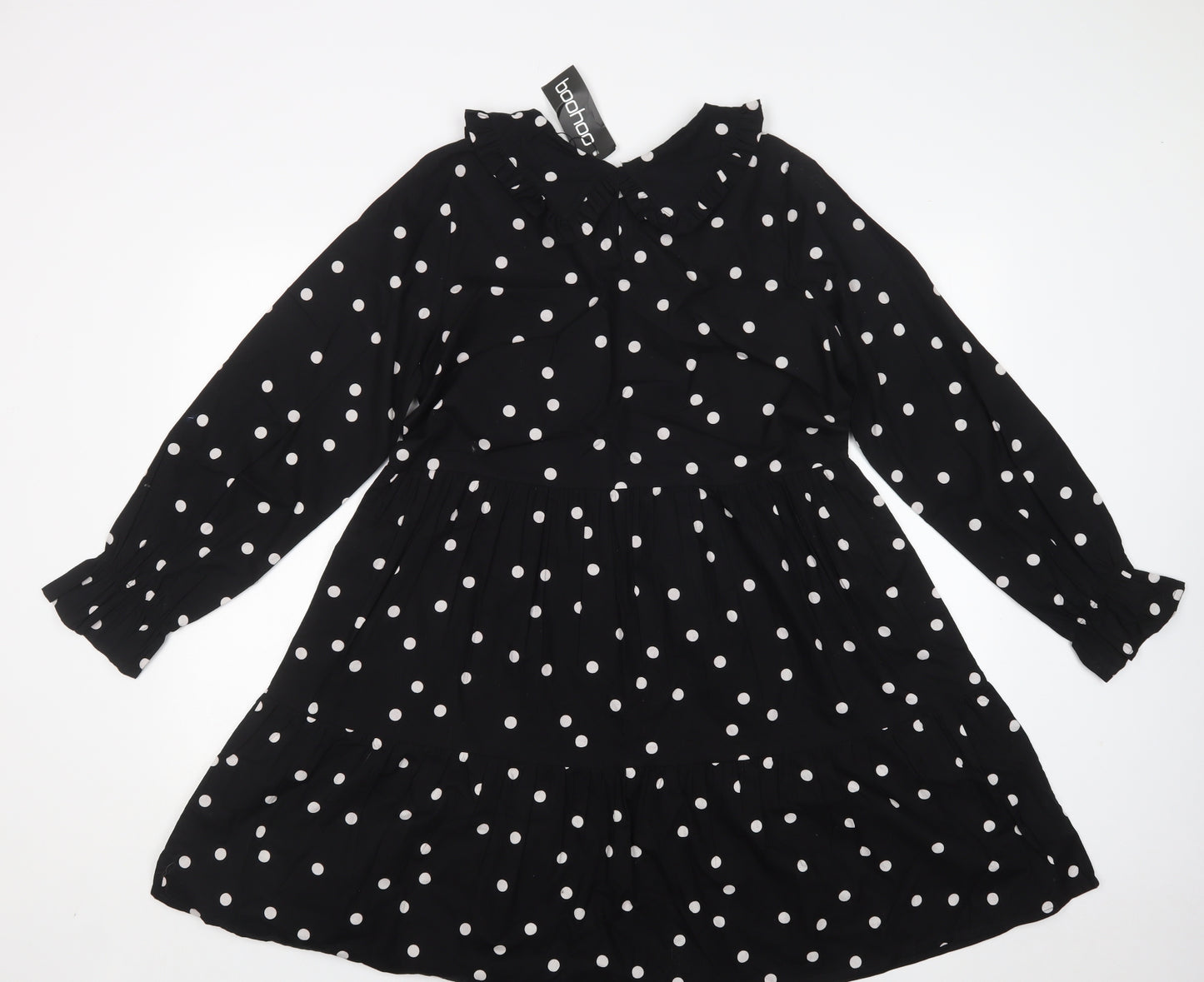 Boohoo Womens Black Polka Dot Cotton Fit & Flare  Size 14  Collared Button