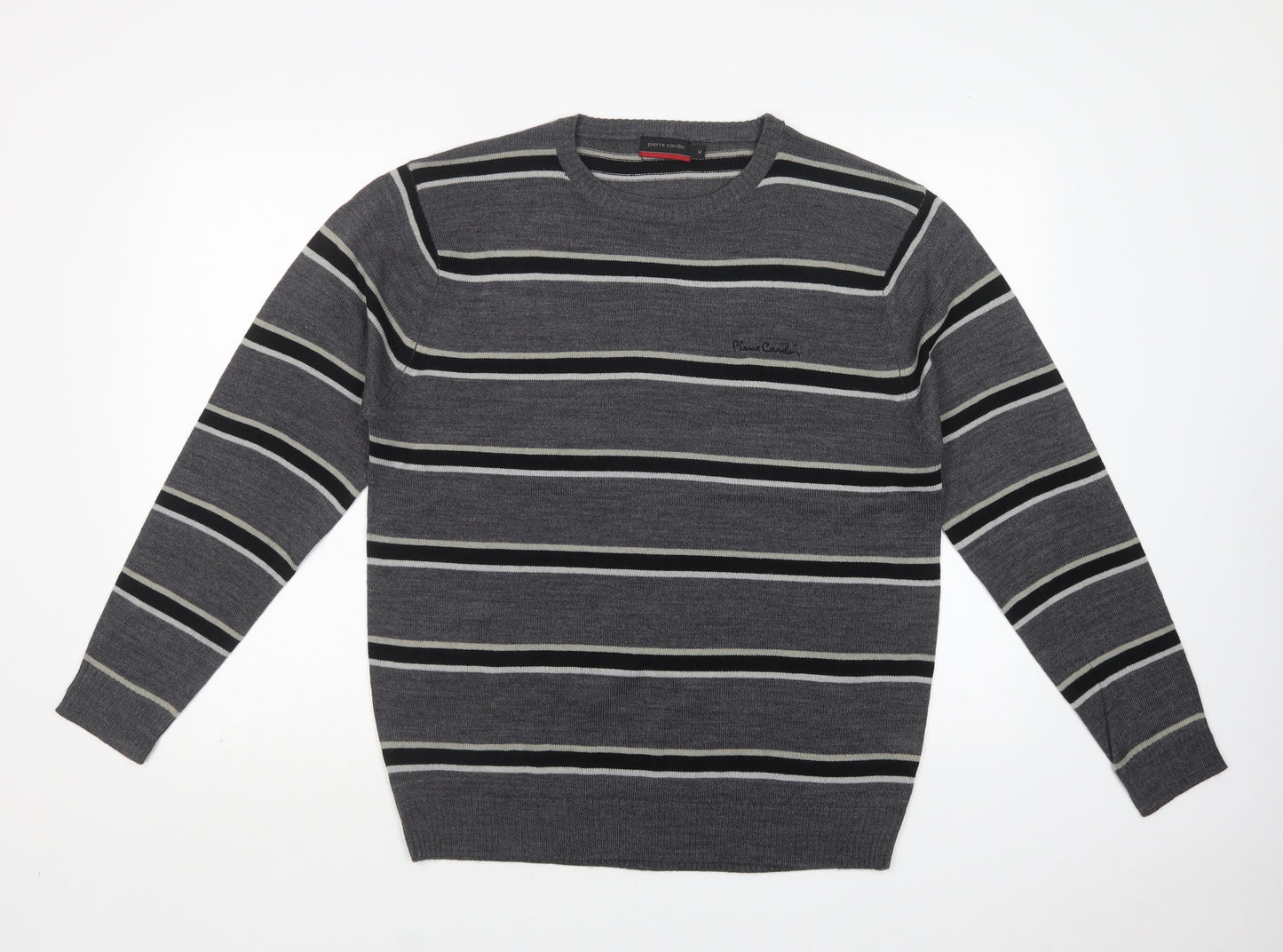 Pierre Cardin Mens Grey Crew Neck Striped Acrylic Pullover Jumper Size M