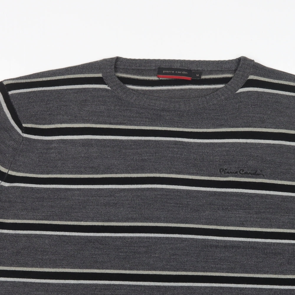 Pierre Cardin Mens Grey Crew Neck Striped Acrylic Pullover Jumper Size M
