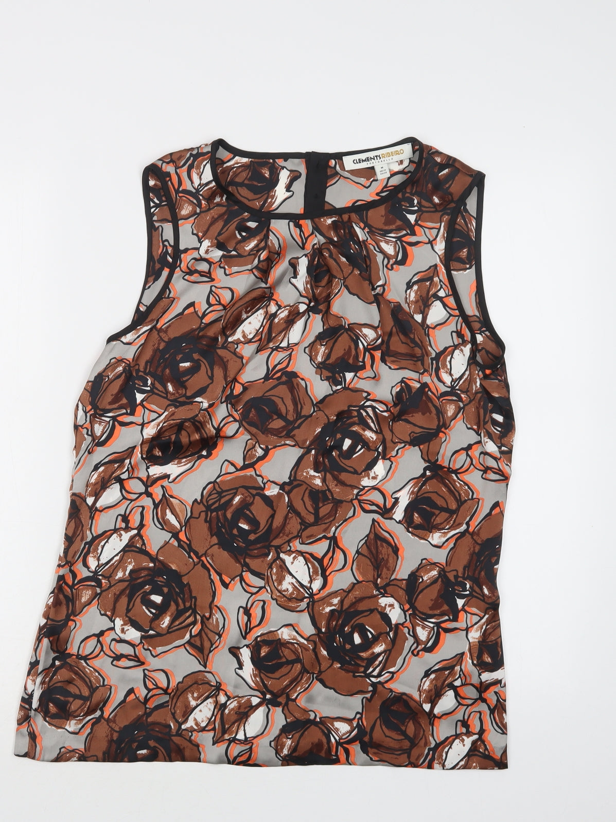 Clements Ribeiro Womens Brown Floral Polyester Basic Blouse Size 12 Round Neck