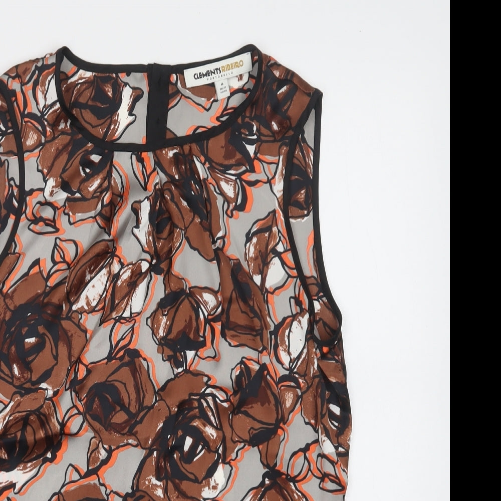 Clements Ribeiro Womens Brown Floral Polyester Basic Blouse Size 12 Round Neck