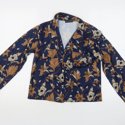 PRETTYLITTLETHING Womens Blue Floral Polyester Basic Button-Up Size 6 Collared