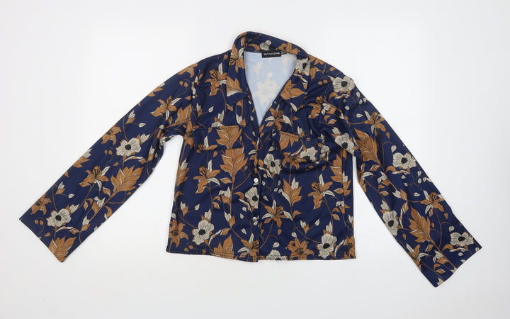 PRETTYLITTLETHING Womens Blue Floral Polyester Basic Button-Up Size 6 Collared
