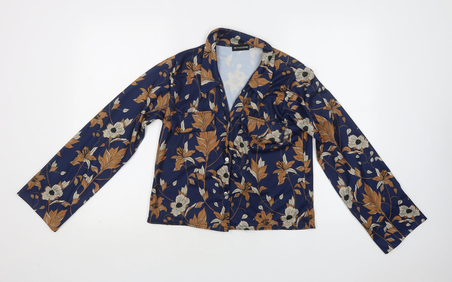 PRETTYLITTLETHING Womens Blue Floral Polyester Basic Button-Up Size 6 Collared