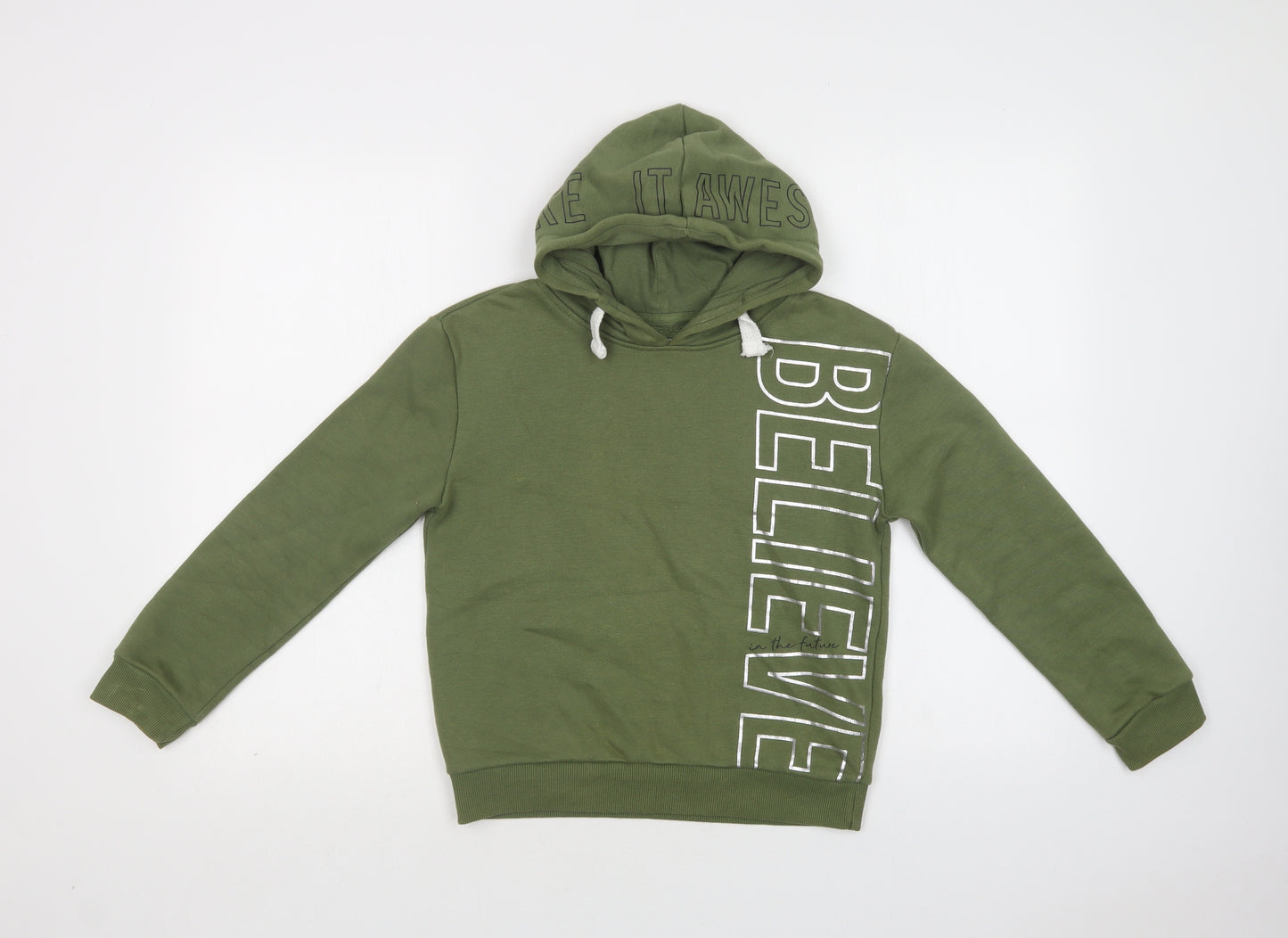 Primark Boys Green  Polyester Pullover Hoodie Size 9-10 Years   - Believe