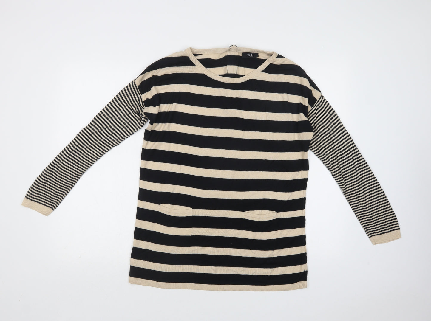 Wallis Womens Black Crew Neck Striped Viscose Tunic Jumper Size S
