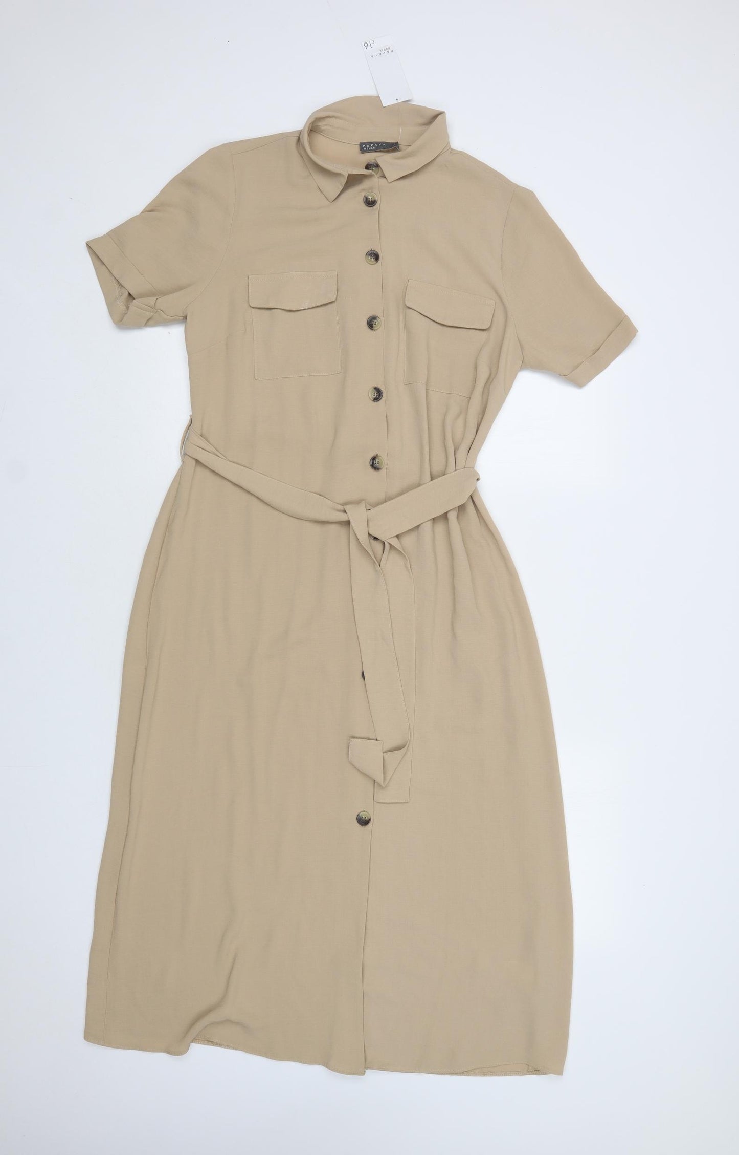 Papaya Womens Beige  Polyester Shirt Dress  Size 12  Collared Button