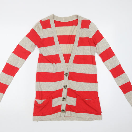 Preworn Womens Red V-Neck Striped Cotton Cardigan Jumper Size S