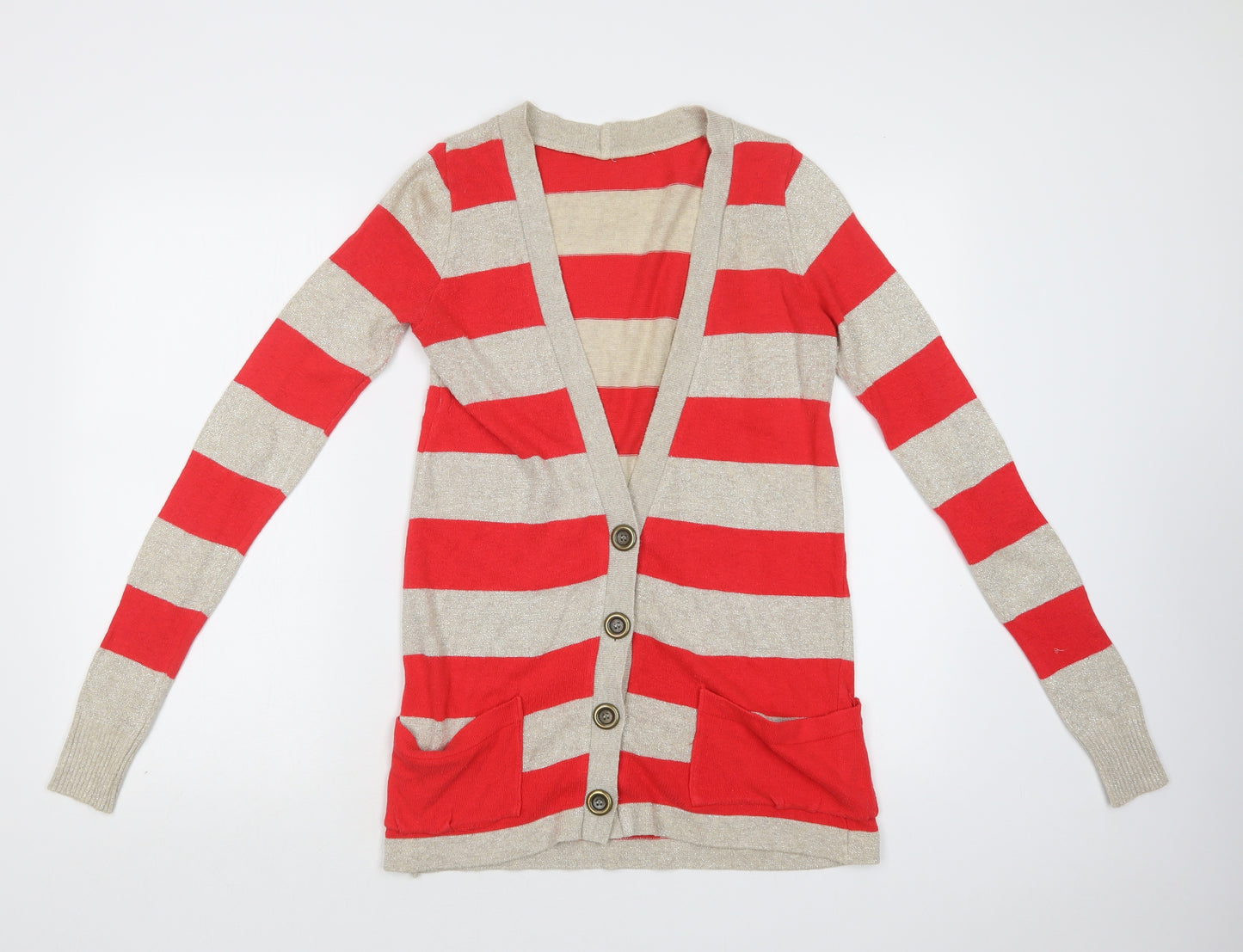 Preworn Womens Red V-Neck Striped Cotton Cardigan Jumper Size S