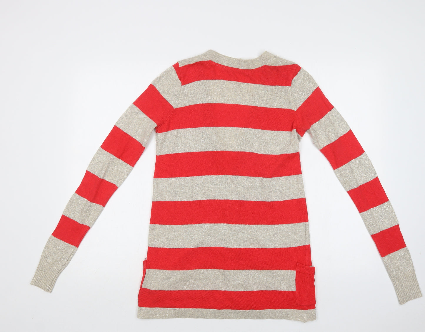 Preworn Womens Red V-Neck Striped Cotton Cardigan Jumper Size S