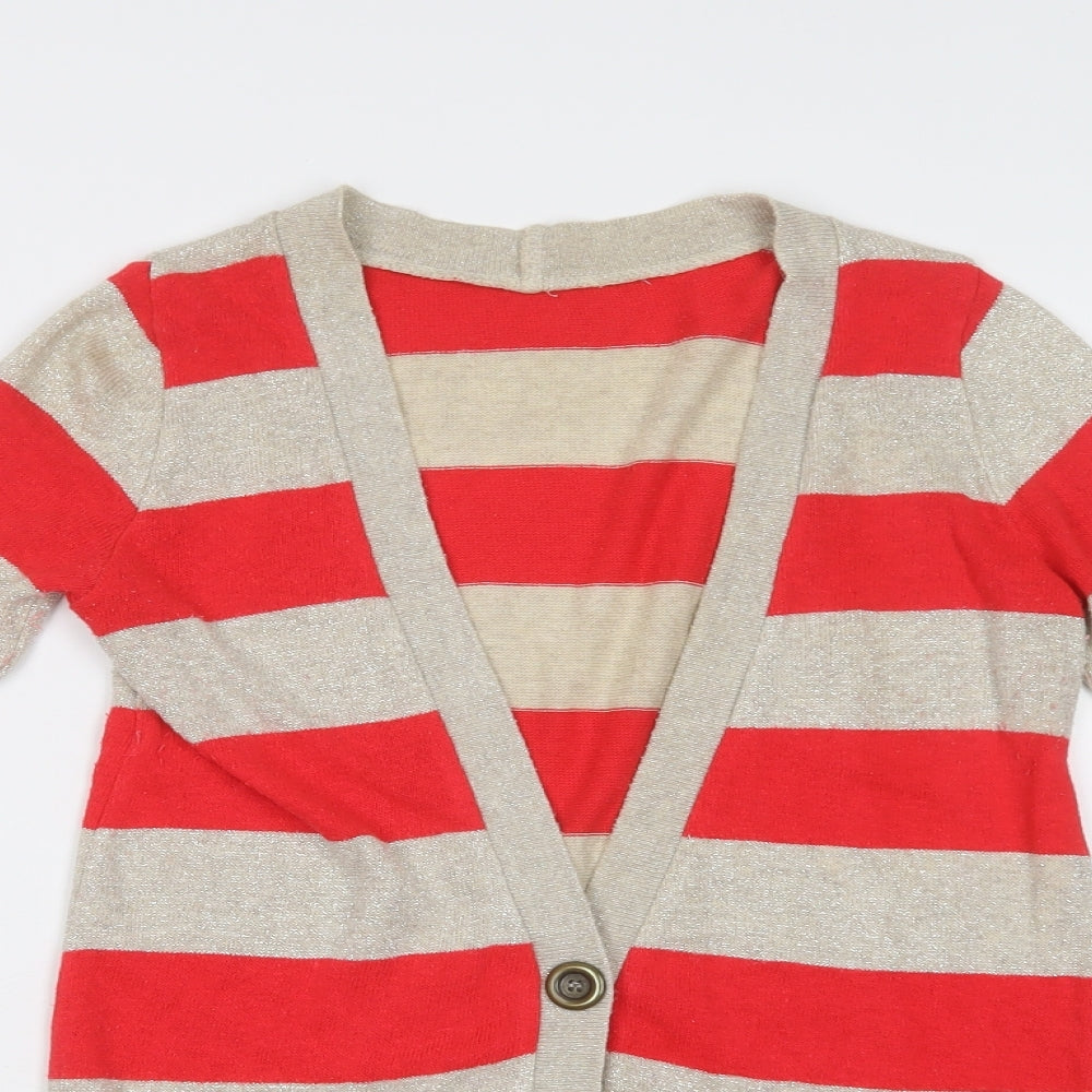 Preworn Womens Red V-Neck Striped Cotton Cardigan Jumper Size S