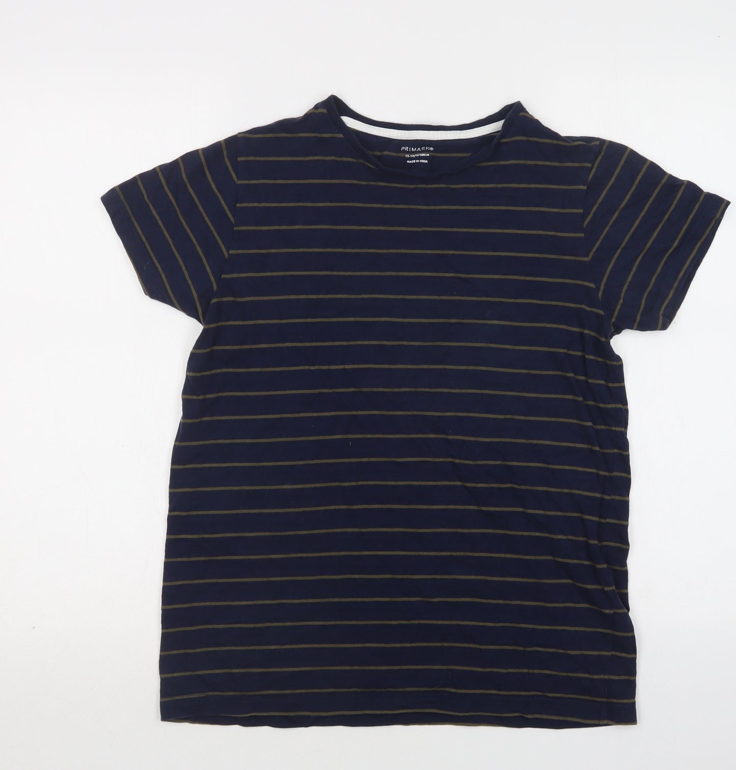 Primark Boys Blue Striped Cotton Basic T-Shirt Size 13-14 Years Crew Neck