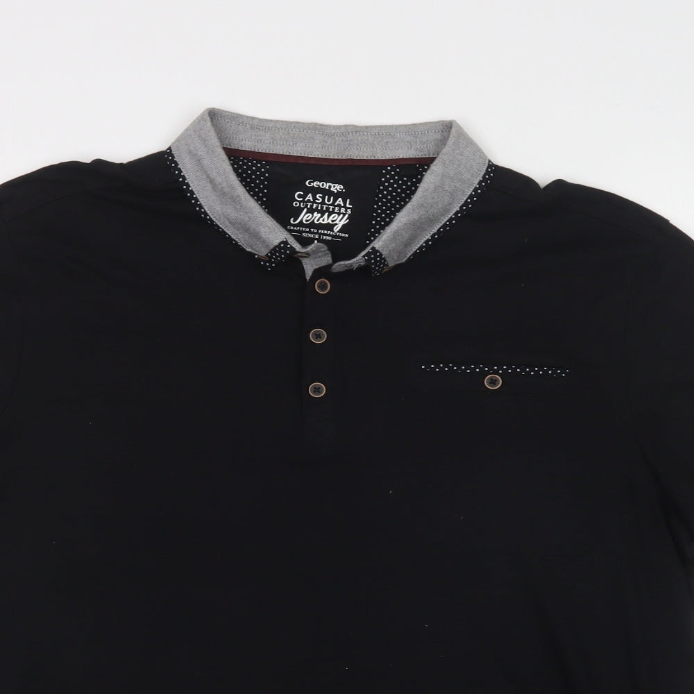 George Mens Black  Cotton  Polo Size L Collared Button