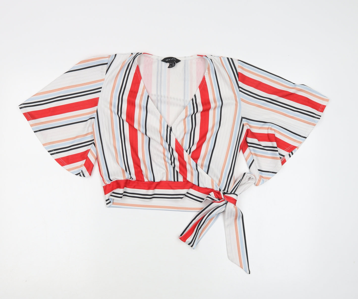 New Look Womens Multicoloured Striped Polyester Cropped Blouse Size 16 V-Neck