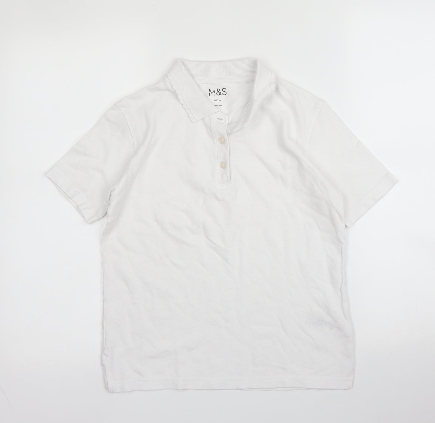 M&S Girls White  Cotton Basic Polo Size 9-10 Years Collared Button - School