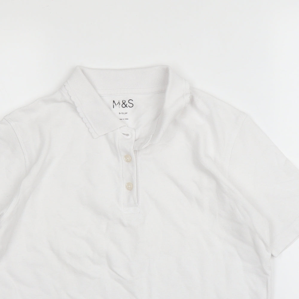 M&S Girls White  Cotton Basic Polo Size 9-10 Years Collared Button - School