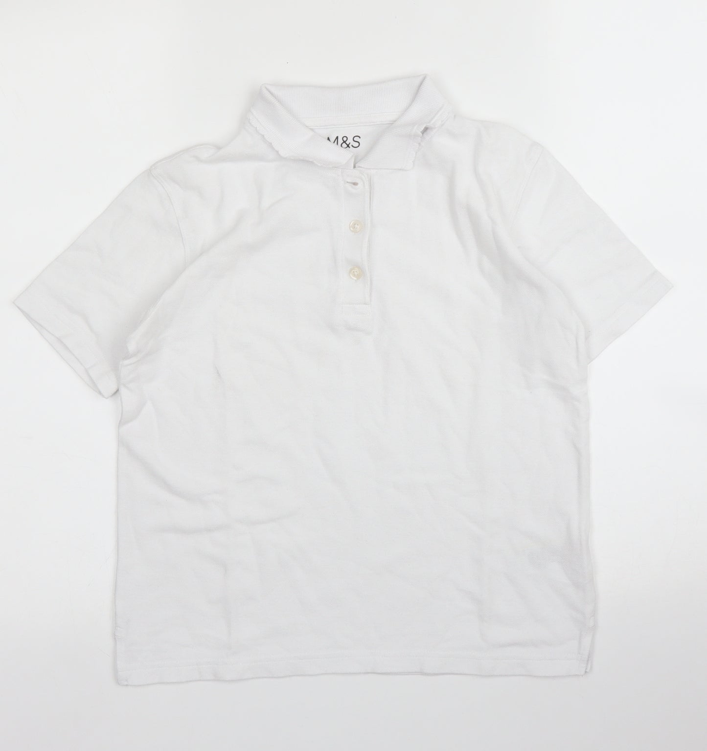 M&S Girls White  Cotton Basic Polo Size 9-10 Years Collared Button - School