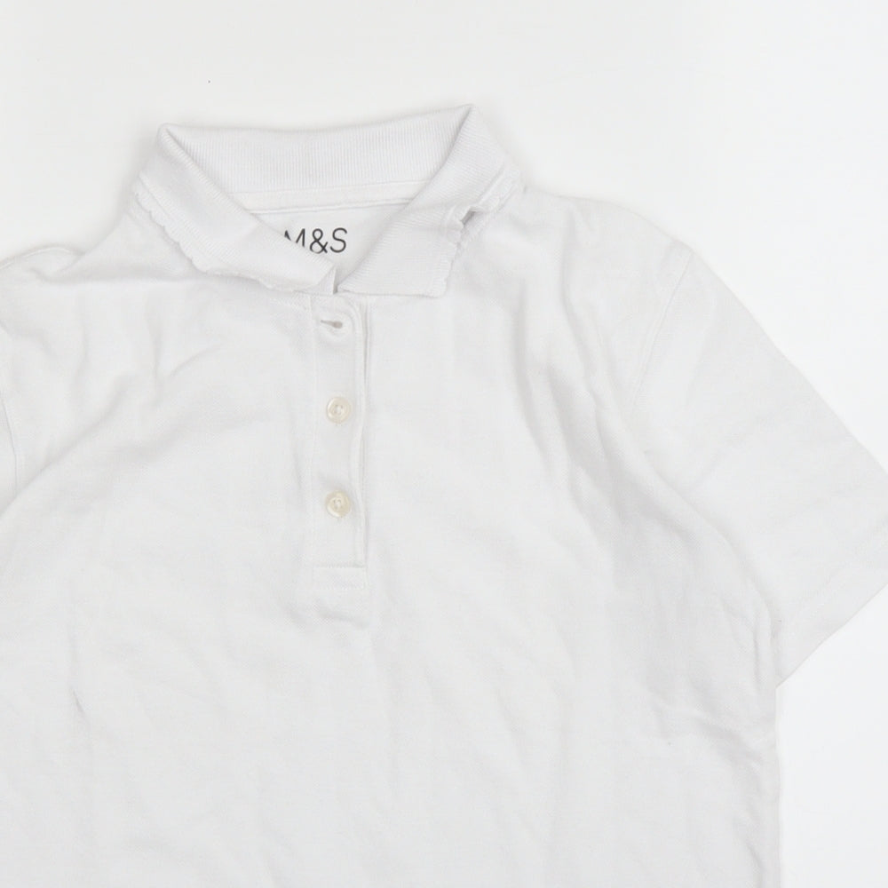 M&S Girls White  Cotton Basic Polo Size 9-10 Years Collared Button - School