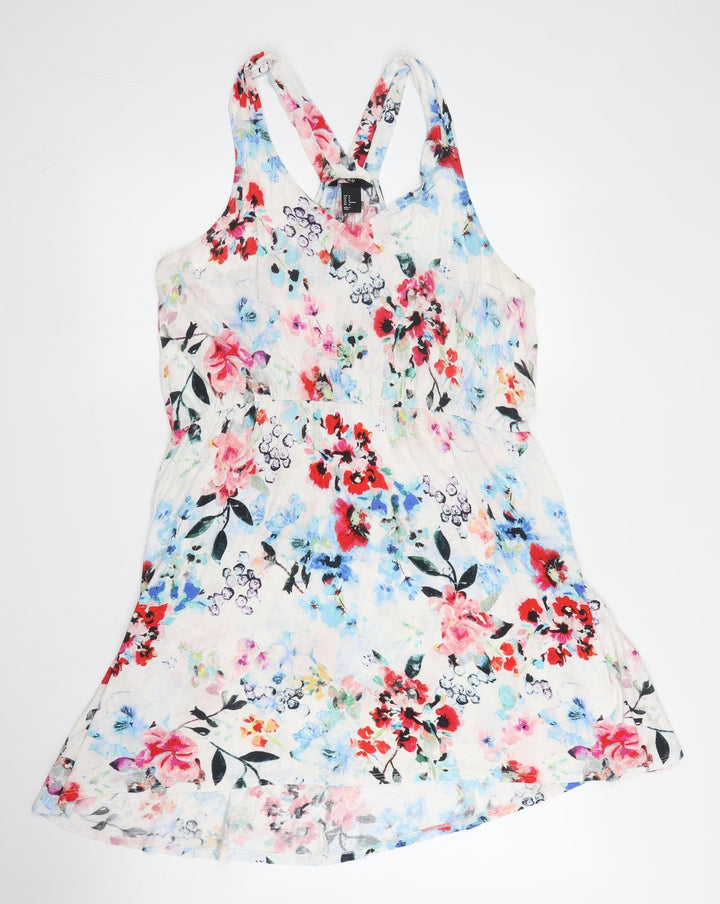 H&M Womens White Floral Viscose A-Line  Size M  V-Neck