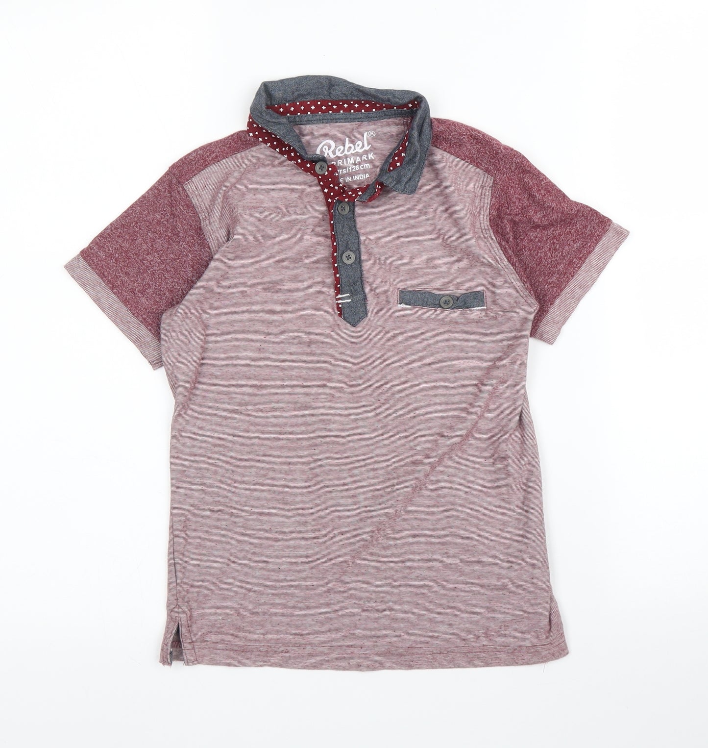 Primark Boys Purple  Cotton Basic T-Shirt Size 7-8 Years Collared Button