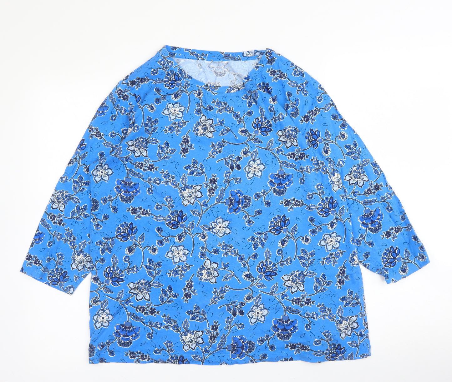Preworn Womens Blue Floral Cotton Basic Blouse Size 16 Round Neck