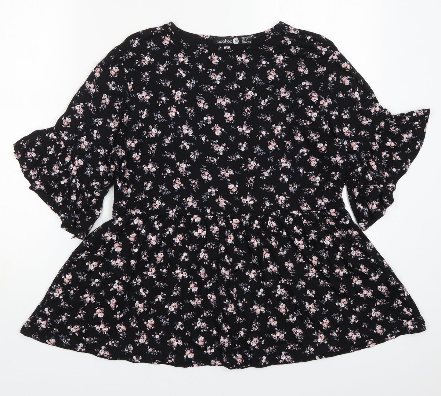 Boohoo Womens Black Floral Viscose Basic T-Shirt Size 12 Round Neck