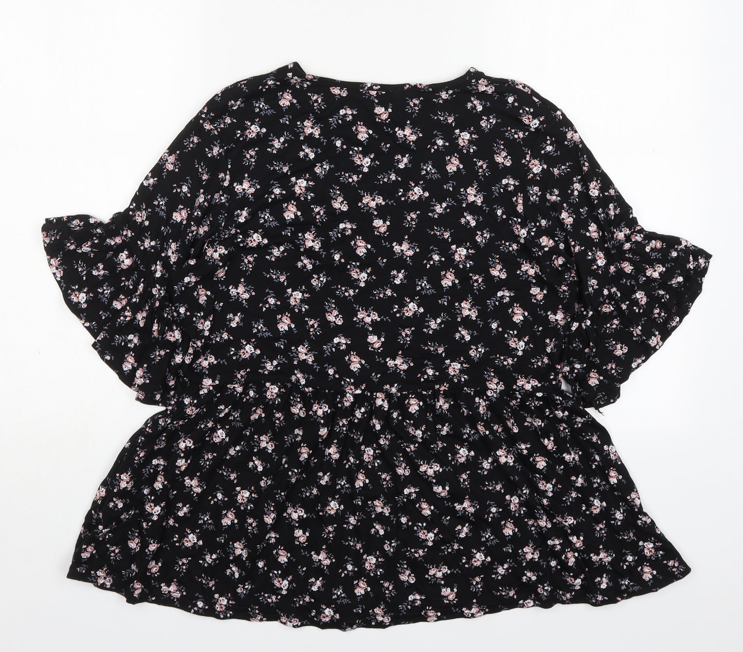 Boohoo Womens Black Floral Viscose Basic T-Shirt Size 12 Round Neck