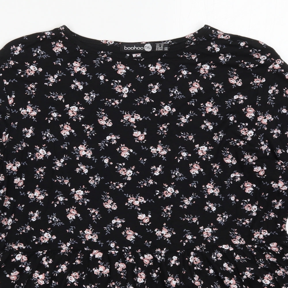 Boohoo Womens Black Floral Viscose Basic T-Shirt Size 12 Round Neck