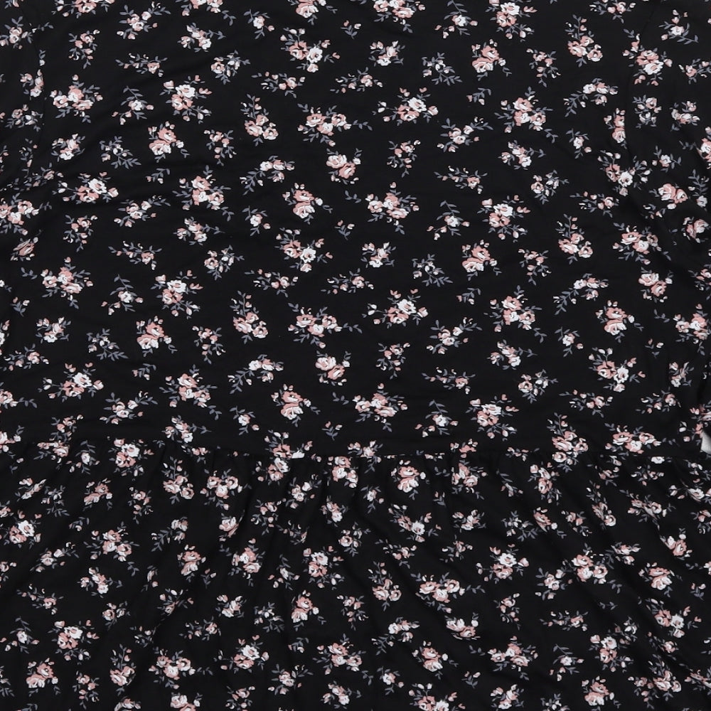 Boohoo Womens Black Floral Viscose Basic T-Shirt Size 12 Round Neck