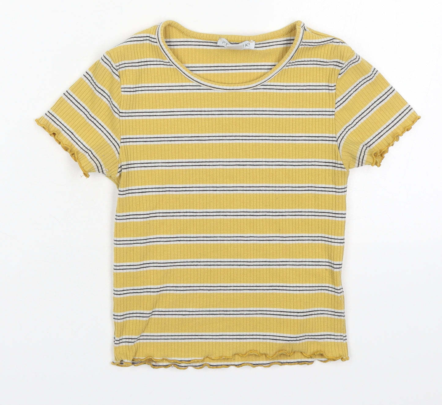 Primark Girls Yellow Striped Polyester Basic T-Shirt Size 9-10 Years Round Neck Pullover