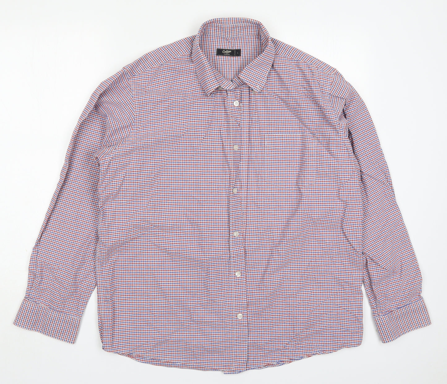 Cotton Traders Mens Red Check Cotton  Polo Size L Collared Button - Blue