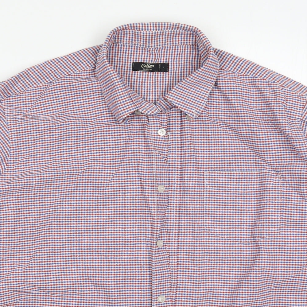Cotton Traders Mens Red Check Cotton  Polo Size L Collared Button - Blue