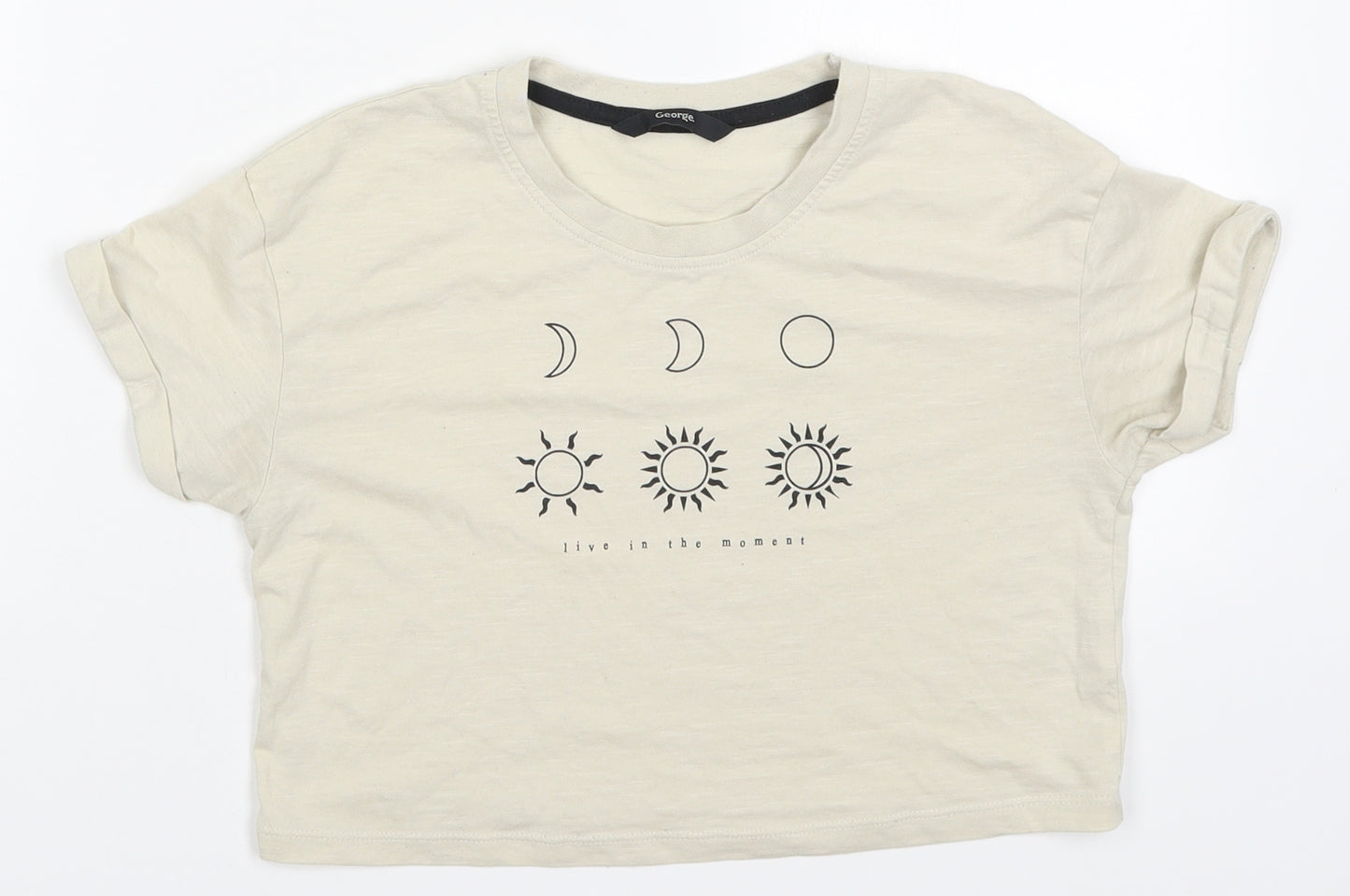 George Girls Beige  Cotton Cropped T-Shirt Size 9-10 Years Crew Neck Pullover - Live in the Moment